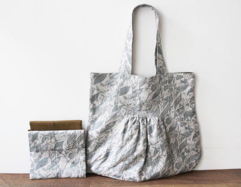  四角いヨークのトートバックセットお隣草Flaxグリーン